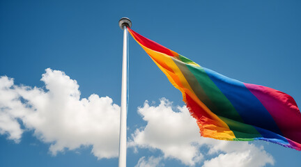 pride flag waving in sky, lgbt, happy pride month, Waving intersex inclusive pride flag template. LGBTQ Progress Pride flag waving in wind at cloudy sky. Banner or poster for Pride Month events. 