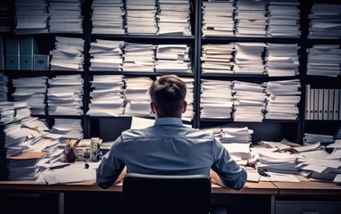 Exhausted man in the office full of folders and work . back view, Generative AI