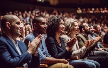 Multi - ethnic audience sitting in an amphitheater and applauding during panel discussion, Generative AI
