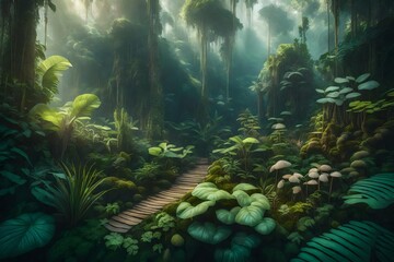 Fototapeta na wymiar A lush, vibrant dreamy, ethereal landscape of a tropical rainforest - AI Generative