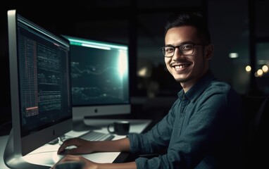 Portrait, man and smile of programmer on computer in office workplace at night, Generative AI