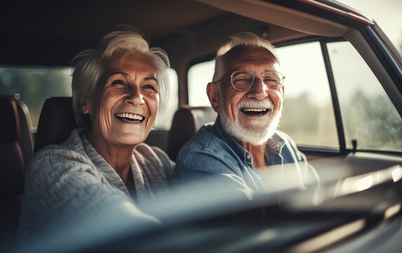 Happy Senior Couple traveling in their car, Generative AI