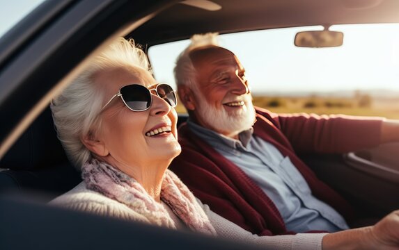 Happy Senior Couple traveling in their car, Generative AI