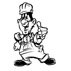 alegre trabalhador apontando o dedo