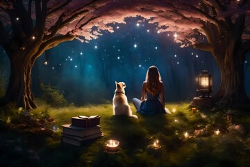 A magical book, background most beautiful trees, stars, and flowers, and a girl and doggy are happy...