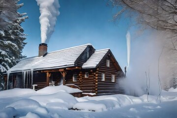 A snow-covered wooden house, with icicles hanging from the roof and smoke curling from the chimney - AI Generative