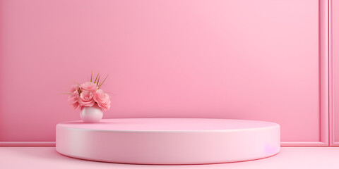 Obraz na płótnie Canvas Pastel pink abstract minimalistic scene mock up with flowers, product presentation concept, ai generated