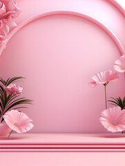 Pastel pink abstract minimalistic scene mock up with flowers, product presentation concept, ai generated