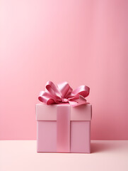 Pretty pink gift box with a ribbon on pink background with copy space, ai generated