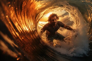 Exhilaration of a surfer riding massive waves