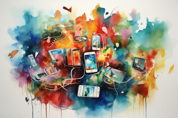 Addiction to social media, mental health watercolor art