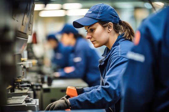Skilled individuals operating various machines in a manufacturing or industrial