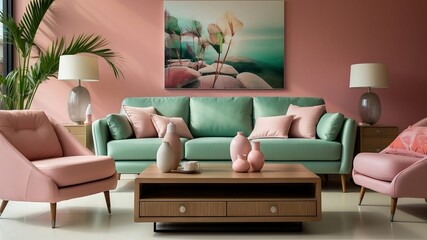 Contemporary living space adorned with touches of pink, peach fuzz and green