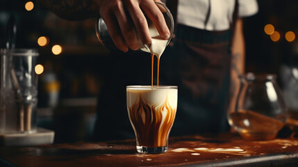 Fototapeta na wymiar Coffee latte art make by barista in coffee shop. Created with Generative AI technology.