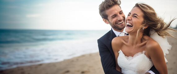Captured Couples Moments of Love: Beach Bride and Groom Embrace, Laugh, and Cherish Making Memories. 