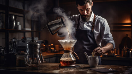 Men barista making a drip coffee, pouring hot water from kettle over a ground coffee powder. Created with Generative AI technology. - obrazy, fototapety, plakaty