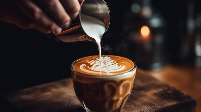 Coffee latte art make by barista in coffee shop. Created with Generative AI technology.