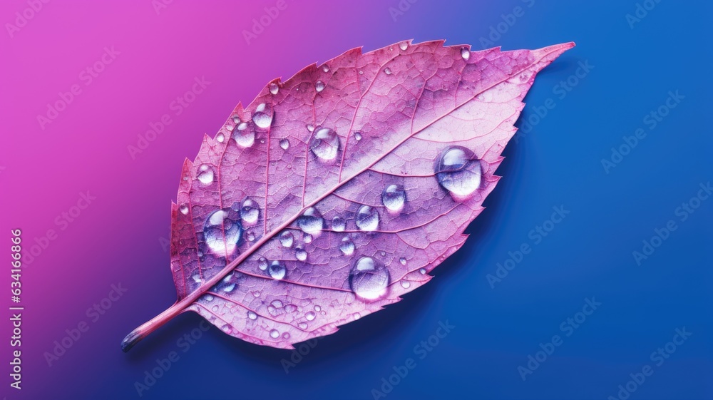 Poster the close-up of transparent skeleton leaf with water drops on beautiful texture in a blue and pink b