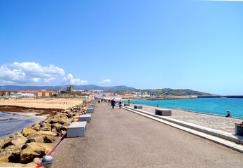 headland, access from Tarifa to the island of Tarifa at the southernmost point of mainland Europe and the transition from the Mediterranean to the Atlantic,  Andalusia, province of C&aacute;diz, Spain
