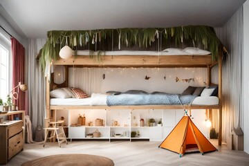 An adventurous boy's cabin bed, with a white background, featuring a tent bed cascading down from the ceiling, with a whimsical and creative design - AI Generative