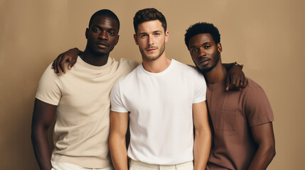 Obraz premium Beauty. Multi Ethnic Group of Mens with diffrent types of skin together against beige background. Created with Generative AI technology.