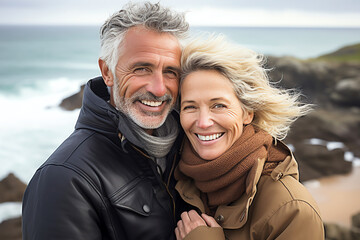 Happy Smiling Mature 50s Couple Closeup Portrait at Seashore Beach