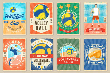 Set of Volleyball club retro poster, banner design. Vector illustration. For college league sport club emblem, sign, logo. Vintage retro poster, banner design with volleyball ball, player silhouettes.