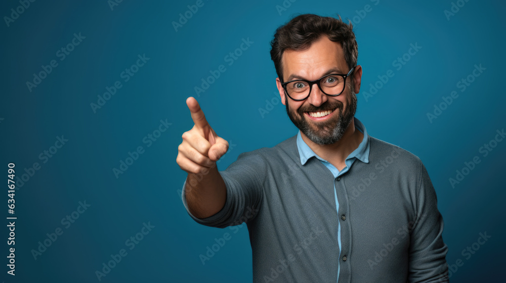 Wall mural middle aged man wearing casual clothes pointing with hand and finger to the side looking at the came