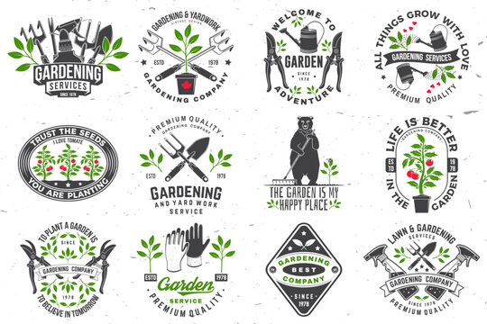 Set of gardening and yard work services emblem, label, badge, logo. Vector illustration. For sign, patch, shirt design with hand secateurs, garden pruner, watering can, bear with rake and gardening