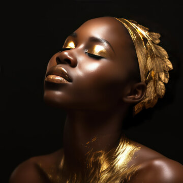 Banner of Beauty fantasy african woman face in gold paint. Golden shiny skin. Generated by AI