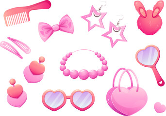 Set of trendy pink accessories and jewelry for dolls, princesses, girls. Star earrings, hearts, beads, bag, hairpin.