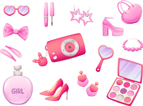 Set of trendy pink accessories in the style of the 2000s. Items for pink dolls, girls, princesses. Vector illustration in cartoon style, garish vector