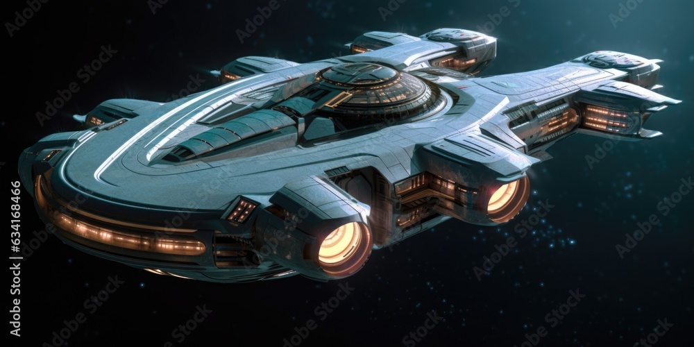 Poster the advanced and futuristic exploratory science carrier spaceship. generative ai aig27.