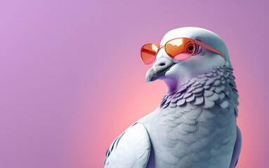 Creative animal concept. Dove bird in sunglass shade glasses isolated on solid pastel background, commercial, editorial advertisement, surreal surrealism