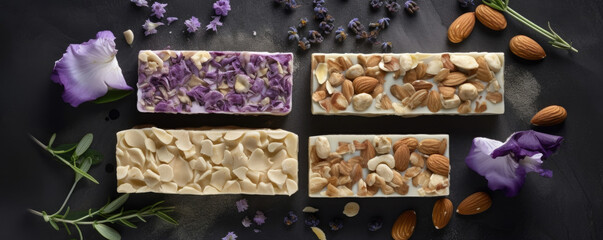 Crisp vegan bars layered with almond er and crunchy nuts