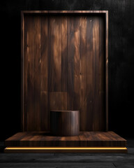 Dark wood paneling. Minimalist mockup for podium display or showcase. AI generation