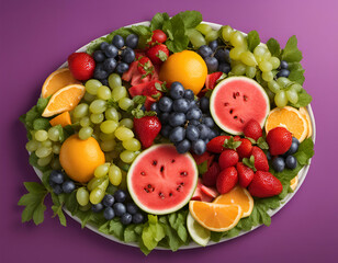 Assorted fruit platter with ripe, juicy strawberries, sweet grapes, tangy citrus, and watermelon, set on a bed of greens and accented with mint leaves