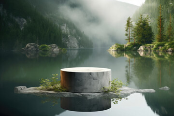 Fototapeta premium A lake surrounded by secondary vegetation Minimalist mockup for podium display or showcase. AI generation