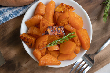 Fried sweet potato on old background