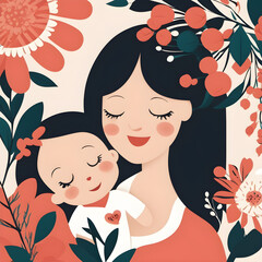 A mother holds a cute little girl with leaves and flowers surrounded