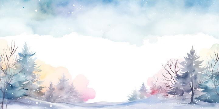 Watercolor illustration with winter wonderland forest, ai generated