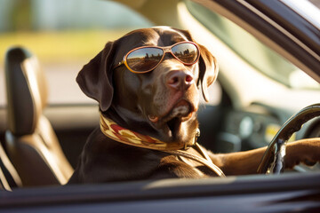 An adorable Labrador with sunglasses takes the wheel of a car. Concept of animal journey