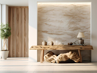 Coastal interior design of modern entrance hall with wooden rustic elements, minimal style, Generative AI