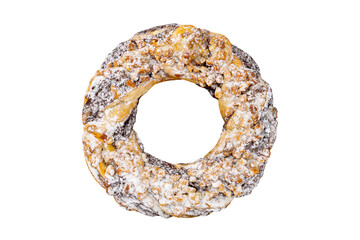 Puff pastry bagel donut with nuts, isolated on white background with clipping path