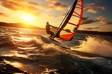 Naklejka premium Exhilarating experience of windsurfing from a first-person perspective.