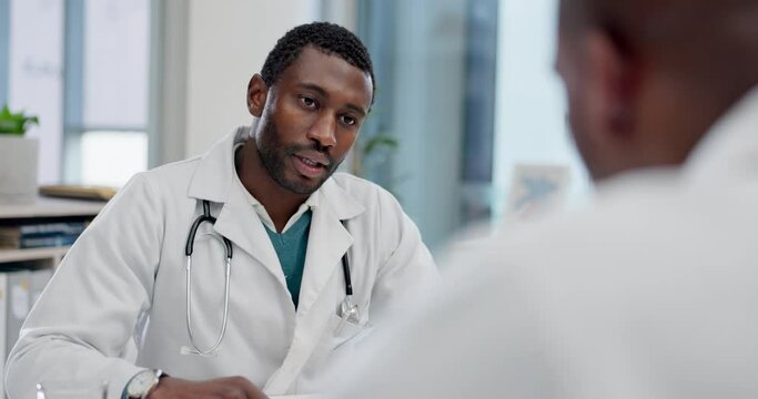 Healthcare, writing or black man consulting doctor in a hospital for results, diagnosis or planning treatment. Notes, advice or African patient with specialist to check schedule info for medical test