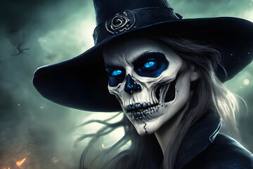 Scary Halloween witch with a big hat. Generative AI