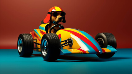 Formula Racing Dog. Colorful. Empty Copy space on the side. Generative AI.