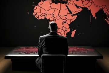 An African American in a black business suit sits at a table and looks at a world map. Generative AI