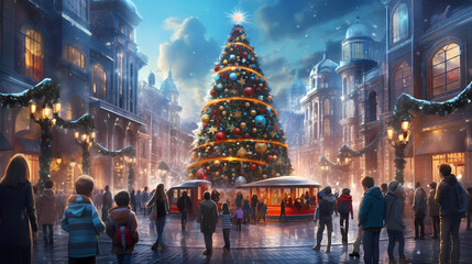 Bright LED Christmas Trees Casting Shadows in a Vibrant Future City Square. Generativ AI.